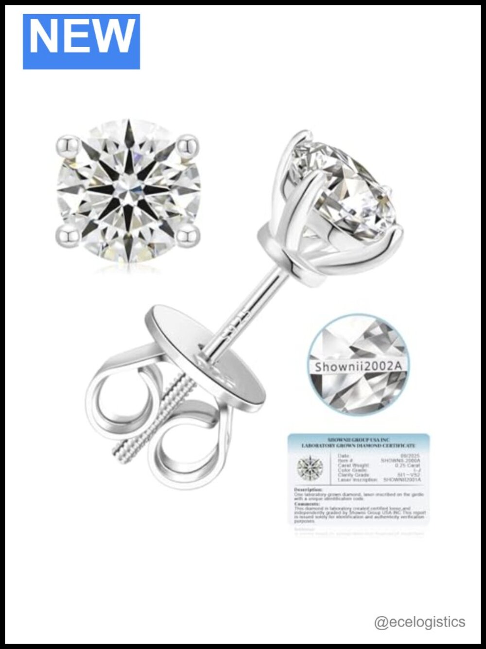 Lab Grown Diamond Stud Earrings 0.25CT 14K Gold Plated S925 Screw Back